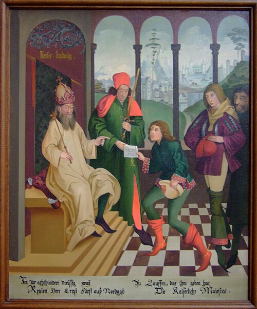 Kaiser Ludwig belehnt 832 Markgraf Ernst mit Lauffen – Gemälde in der Regiswindiskirche